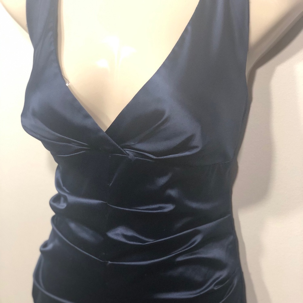 Satin stretch navy blue ruched dress